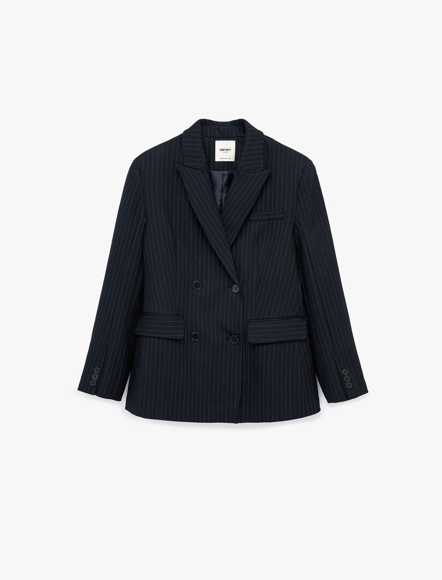 Koton Kadın Kruvaze Yaka Uzun Kollu Düğmeli Cep Detaylı Çizgili Blazer Ceket