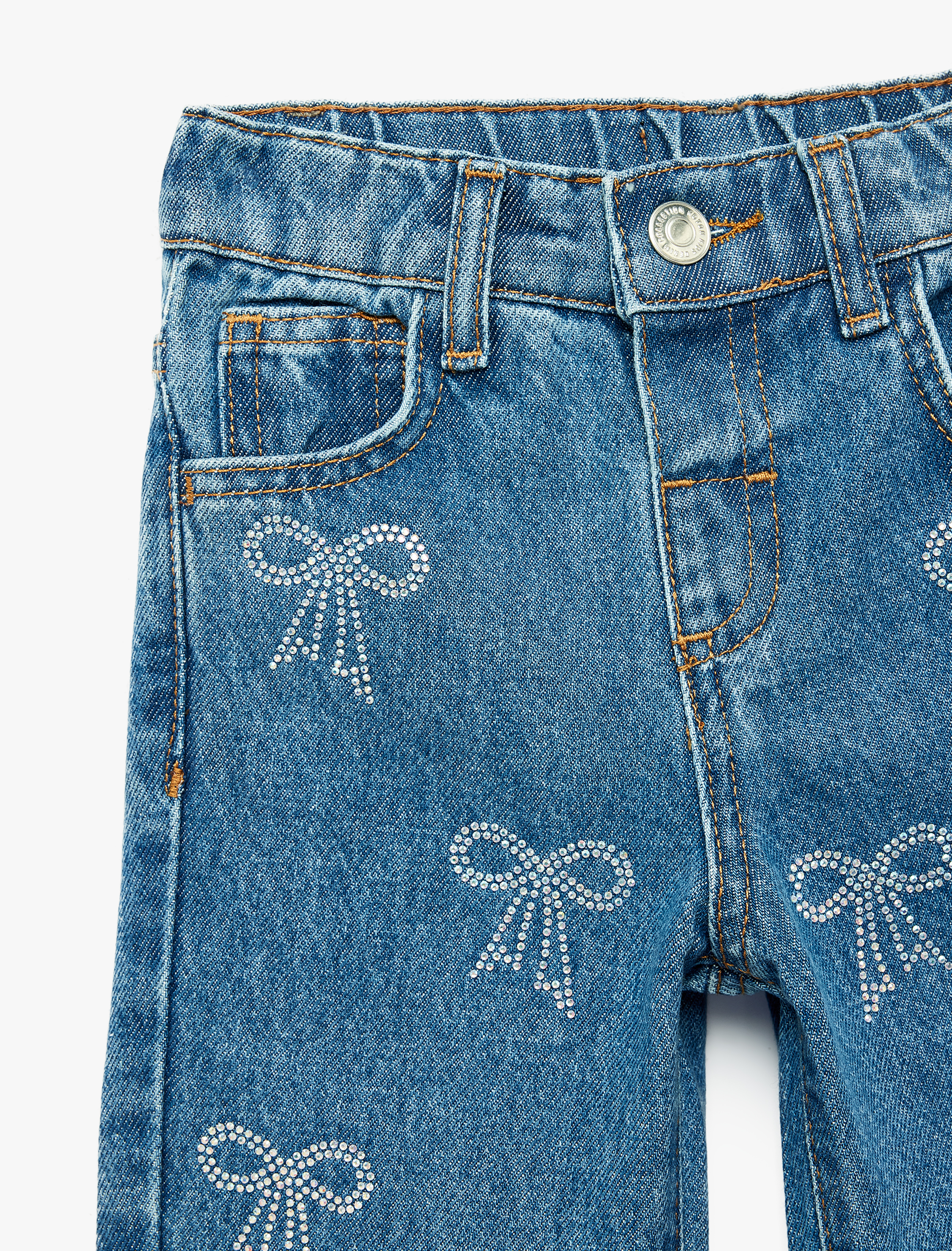  Kız Bebek Pamuklu Yüksek Bel Fiyonk Detaylı Denim Pantolon