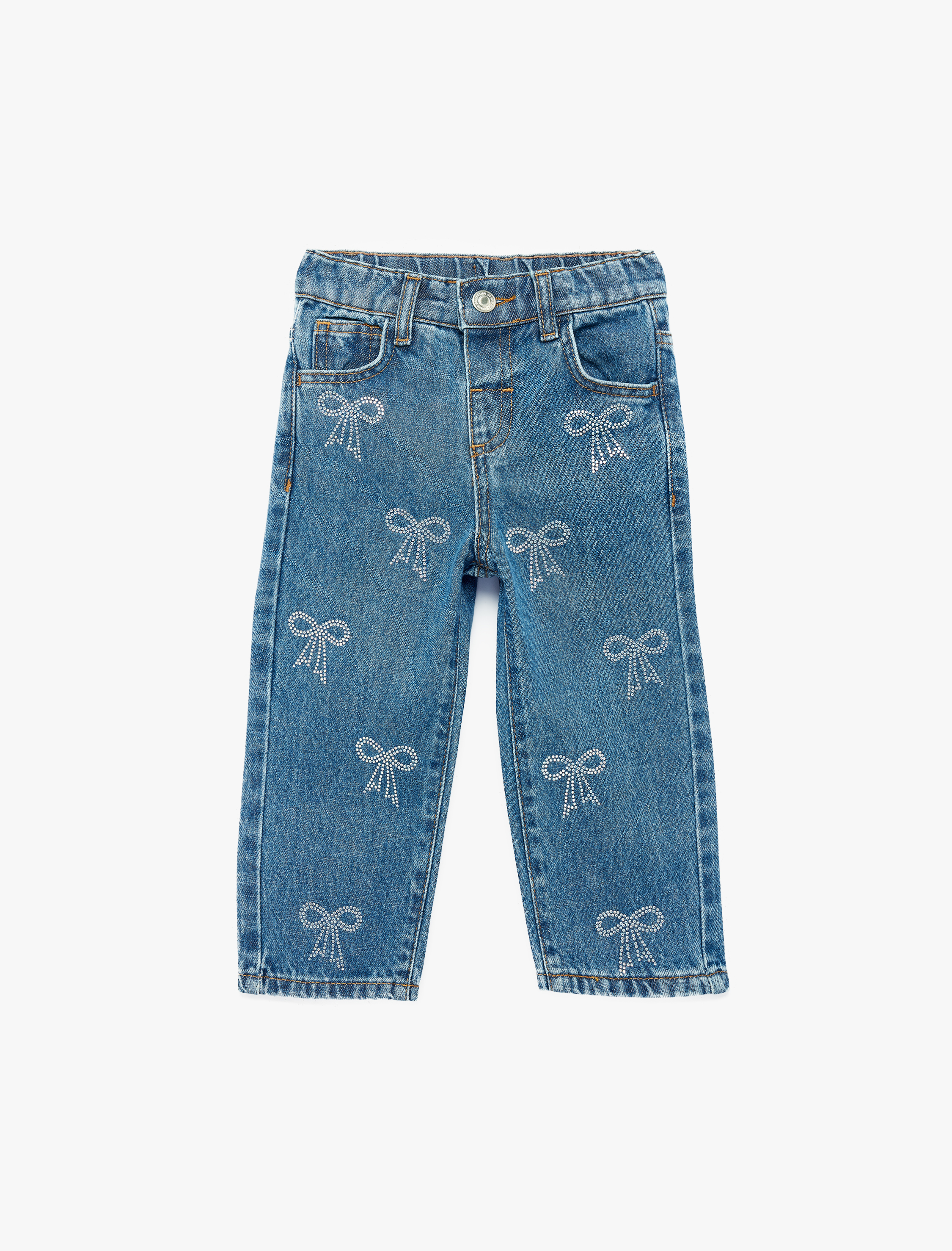  Kız Bebek Pamuklu Yüksek Bel Fiyonk Detaylı Denim Pantolon