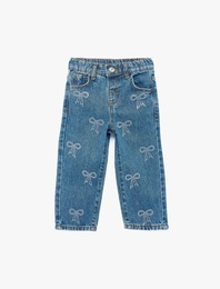 Pamuklu Yüksek Bel Fiyonk Detaylı Denim Pantolon