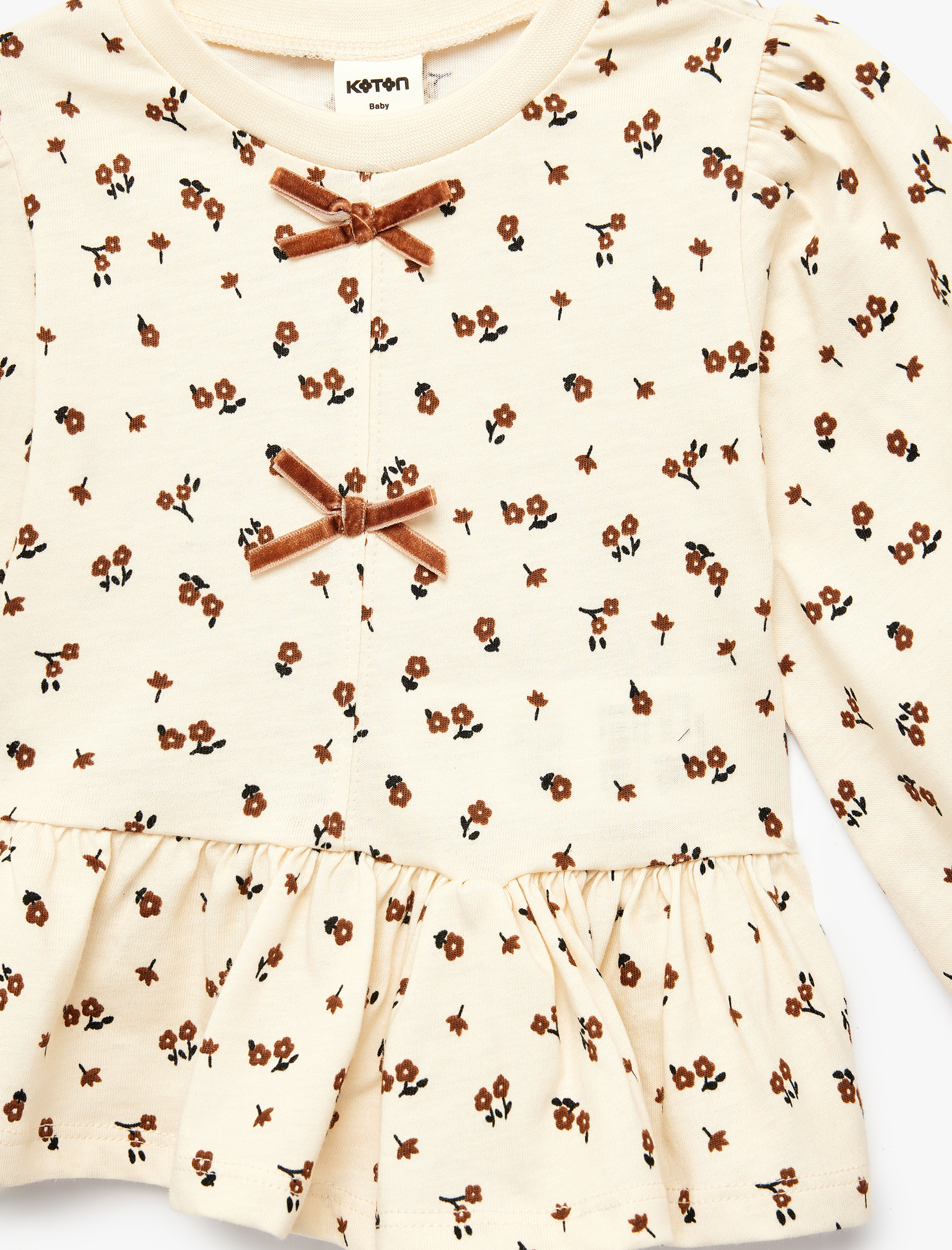  Kız Bebek Fiyonk Detaylı Pamuklu Uzun Kollu Bisiklet Yaka Tişört