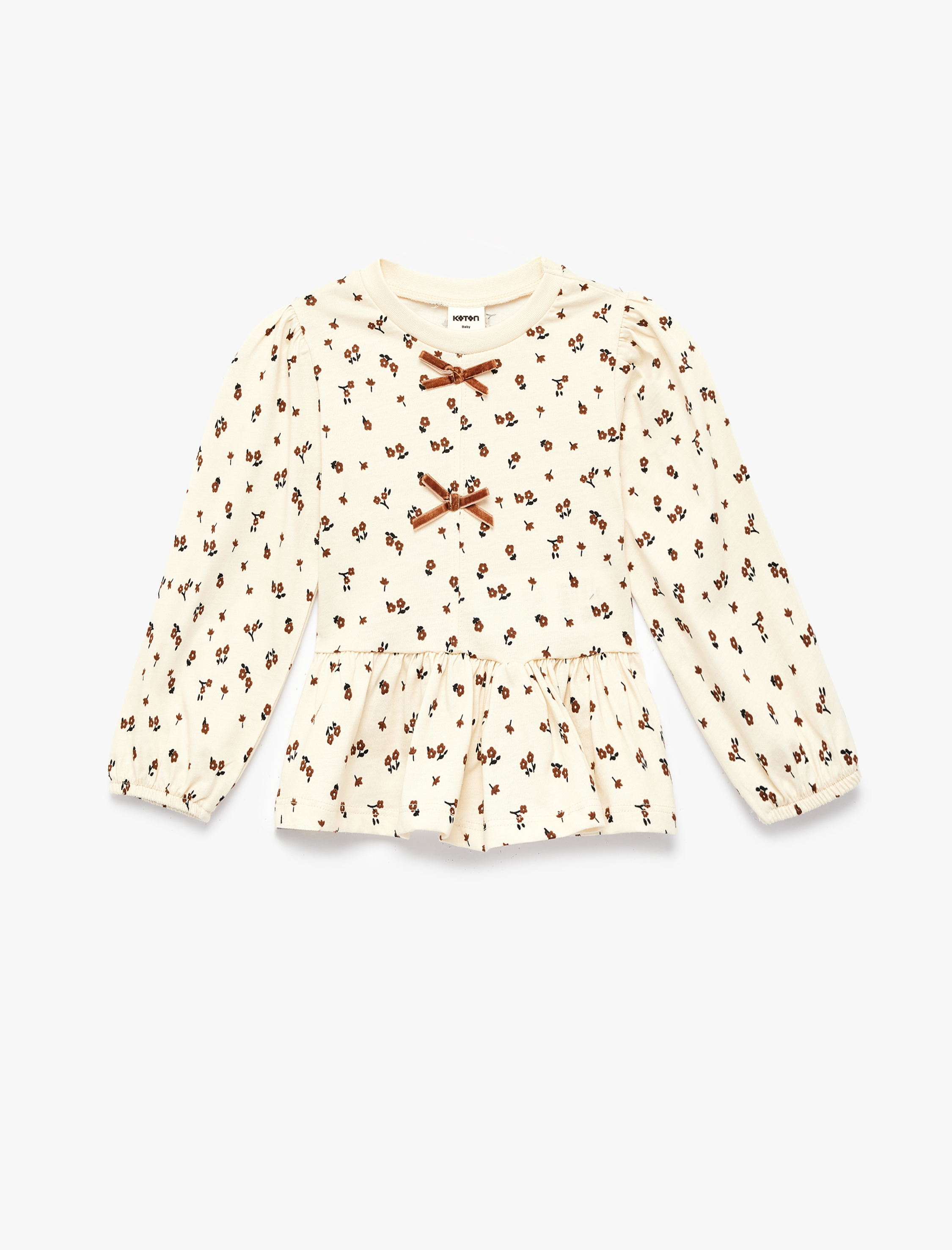  Kız Bebek Fiyonk Detaylı Pamuklu Uzun Kollu Bisiklet Yaka Tişört