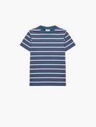 Pamuklu Kısa Kollu Bisiklet Yaka Çizgili Tişört