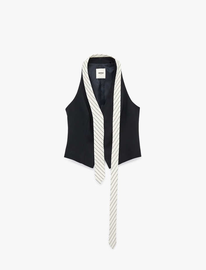  Kravat Detaylı Kolsuz V Yaka Viskon Karışımlı Blazer Yelek