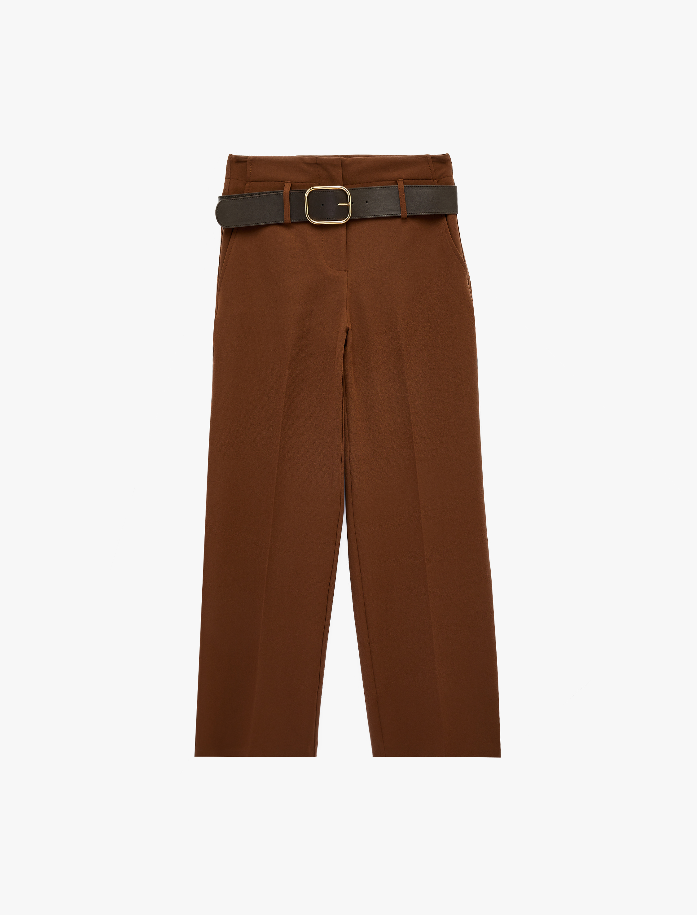   Cepli Kemer Detaylı Geniş Paça Uzun Kumaş Pantolon