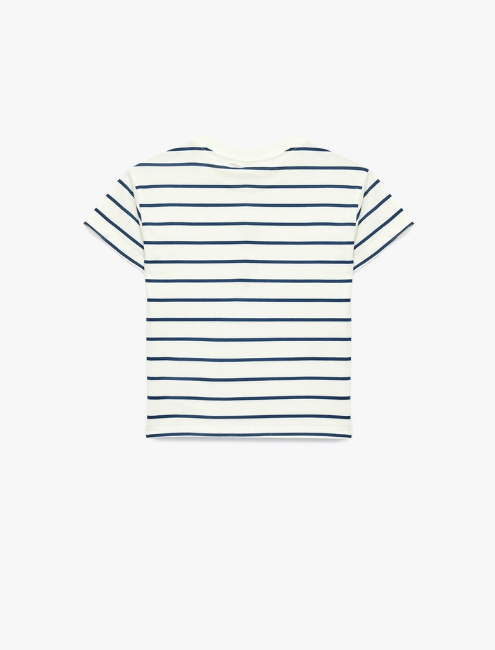 Erkek Bebek Ayıcık Baskılı Kısa Kollu Bisiklet Yaka Pamuklu Çizgili Tişört
