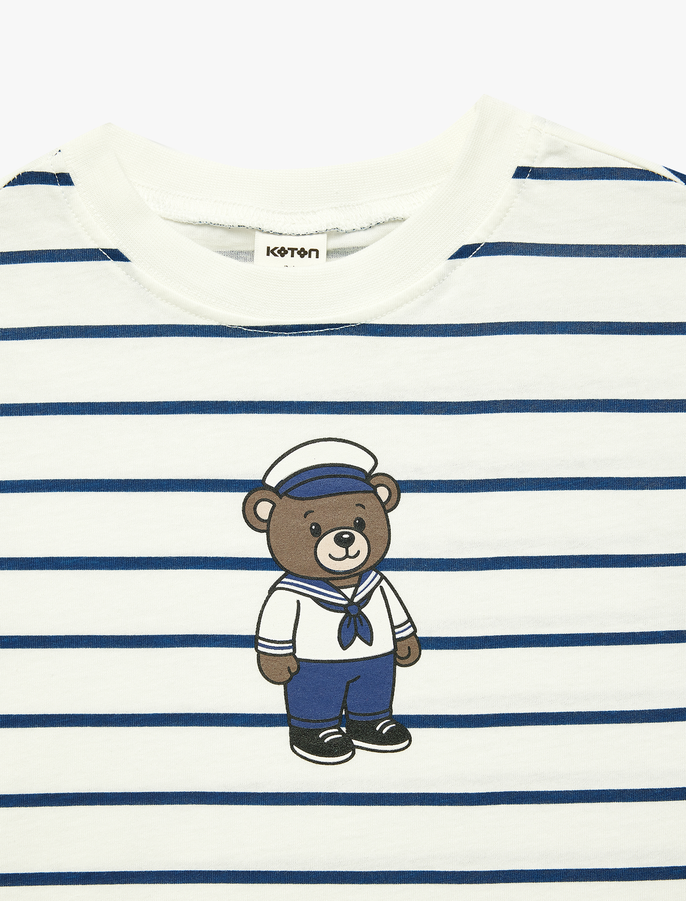  Erkek Bebek Ayıcık Baskılı Kısa Kollu Bisiklet Yaka Pamuklu Çizgili Tişört