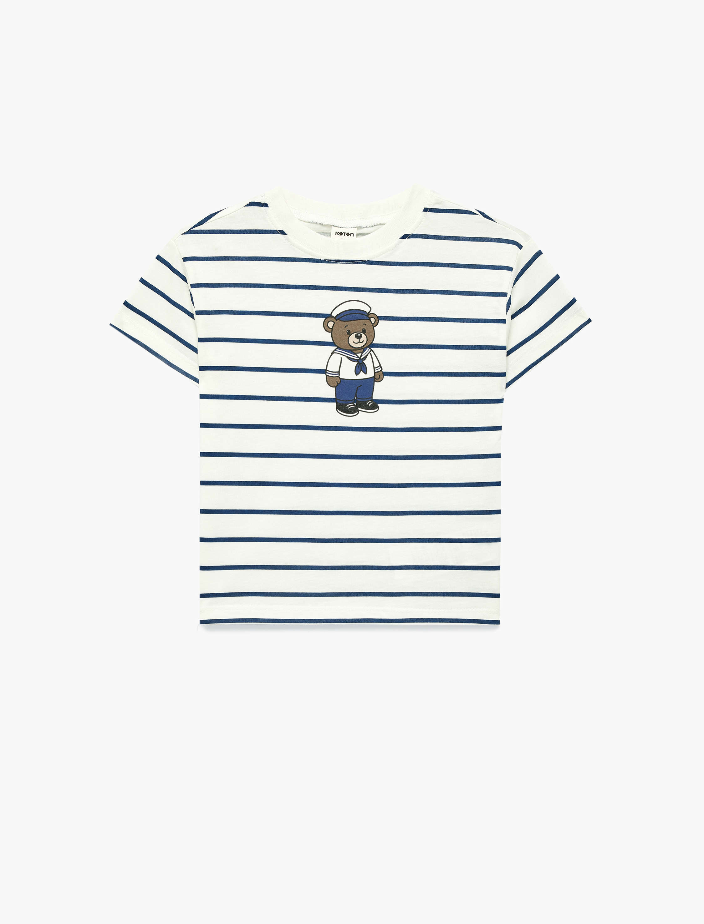  Erkek Bebek Ayıcık Baskılı Kısa Kollu Bisiklet Yaka Pamuklu Çizgili Tişört