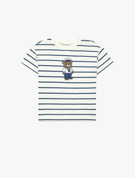 Ayıcık Baskılı Kısa Kollu Bisiklet Yaka Pamuklu Çizgili Tişört