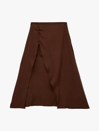 Modal Kumaş Yırtmaçlı Büzgü Detaylı A Kesim Midi Etek