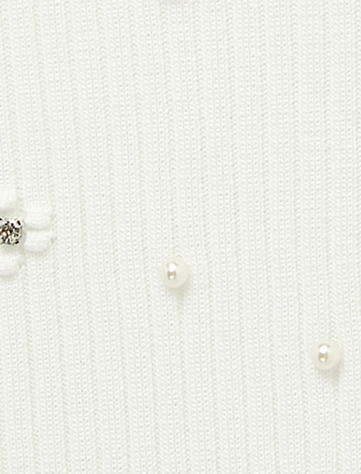  Uzun Kollu Bisiklet Yaka Çiçekli İnci ve Taş Detaylı Triko Hırka