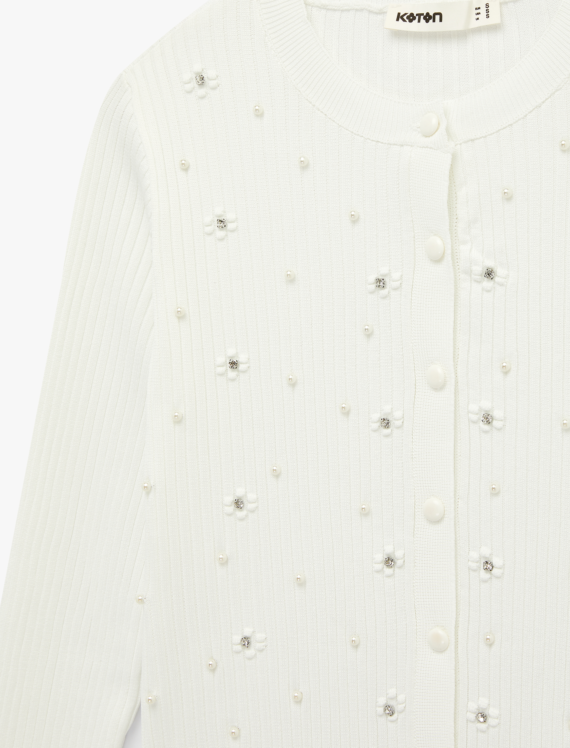   Uzun Kollu Bisiklet Yaka Çiçekli İnci ve Taş Detaylı Triko Hırka