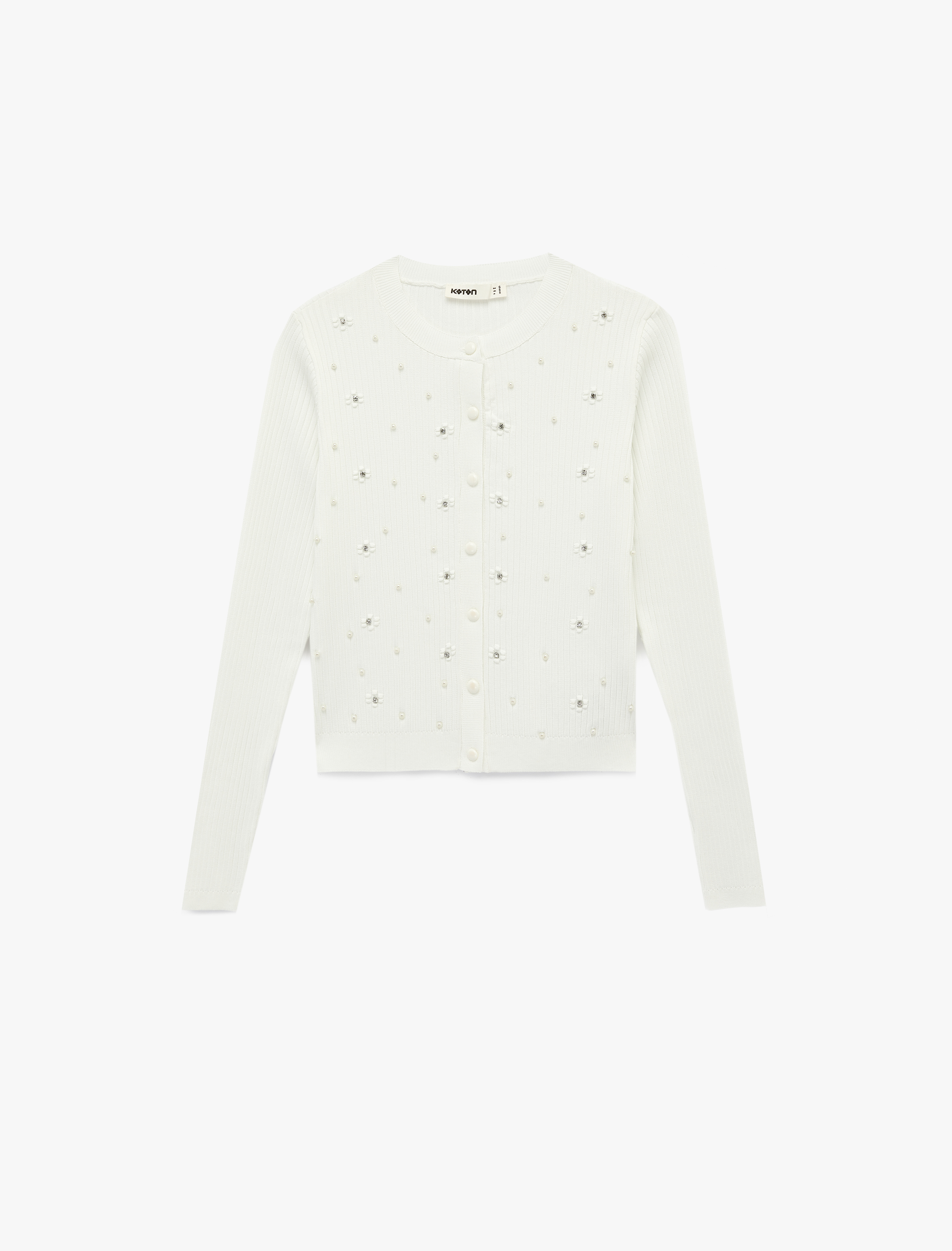   Uzun Kollu Bisiklet Yaka Çiçekli İnci ve Taş Detaylı Triko Hırka