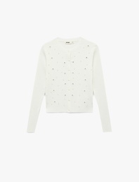 Uzun Kollu Bisiklet Yaka Çiçekli İnci ve Taş Detaylı Triko Hırka