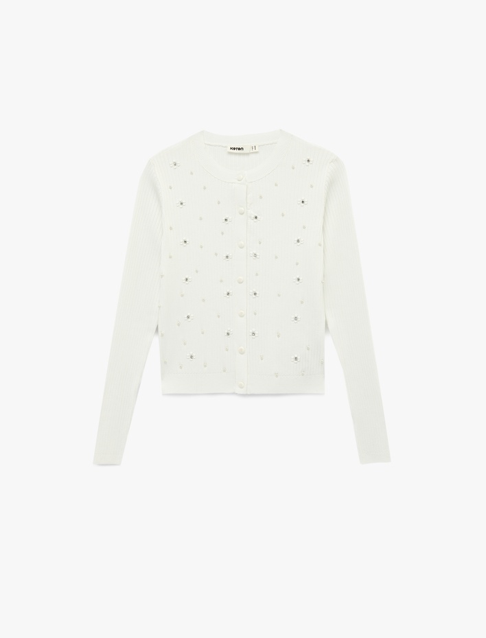  Uzun Kollu Bisiklet Yaka Çiçekli İnci ve Taş Detaylı Triko Hırka