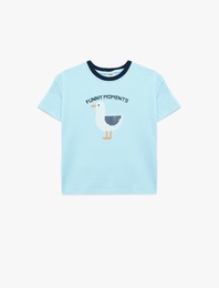 Pamuklu Baskı Detaylı Bisiklet Yaka Kısa Kollu Tişört