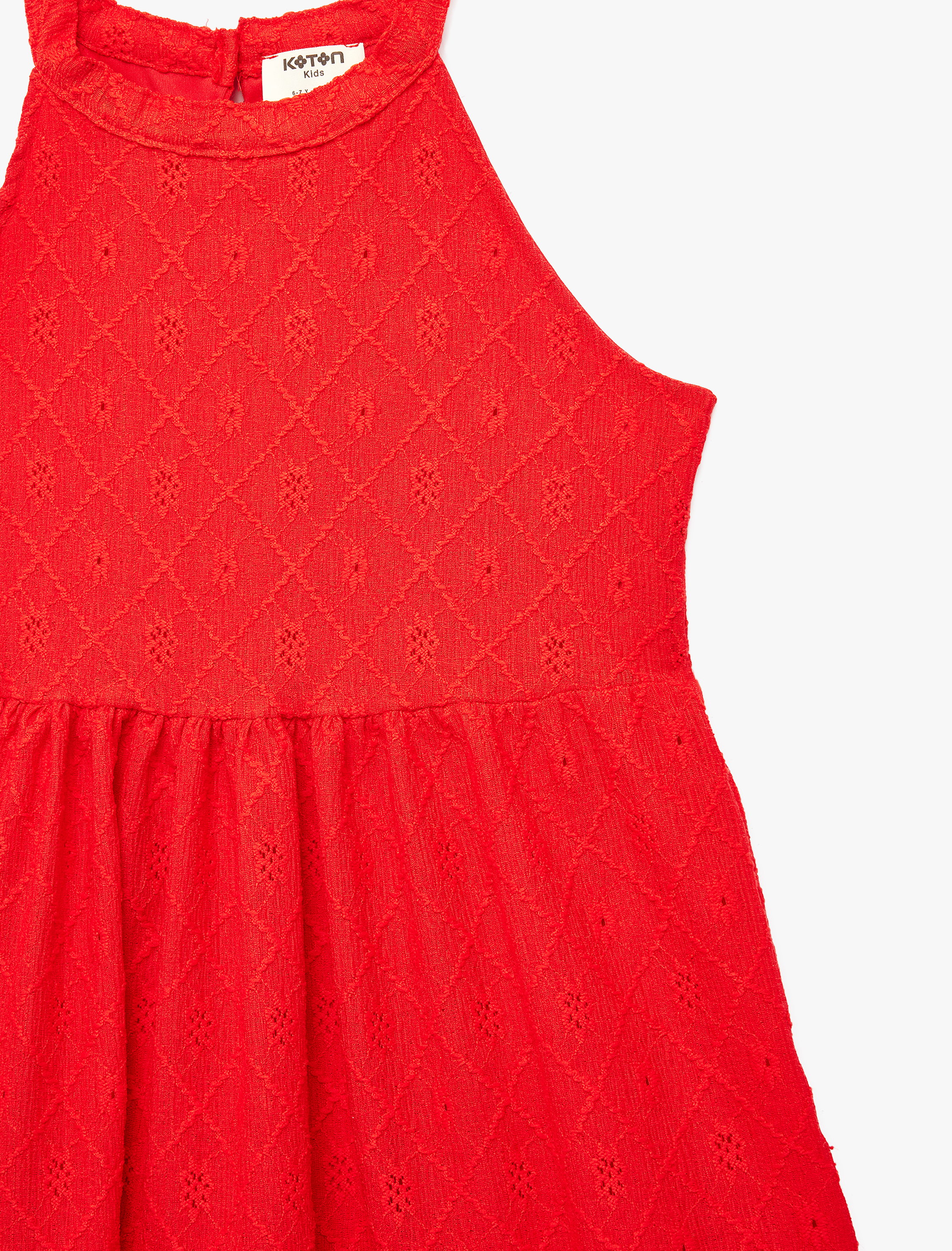  Kız Çocuk Brodeli Katlı Kolsuz Halter Yaka Elbise