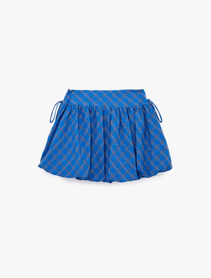  Yanları Bağlama Detaylı Kareli Mini Balon Etek