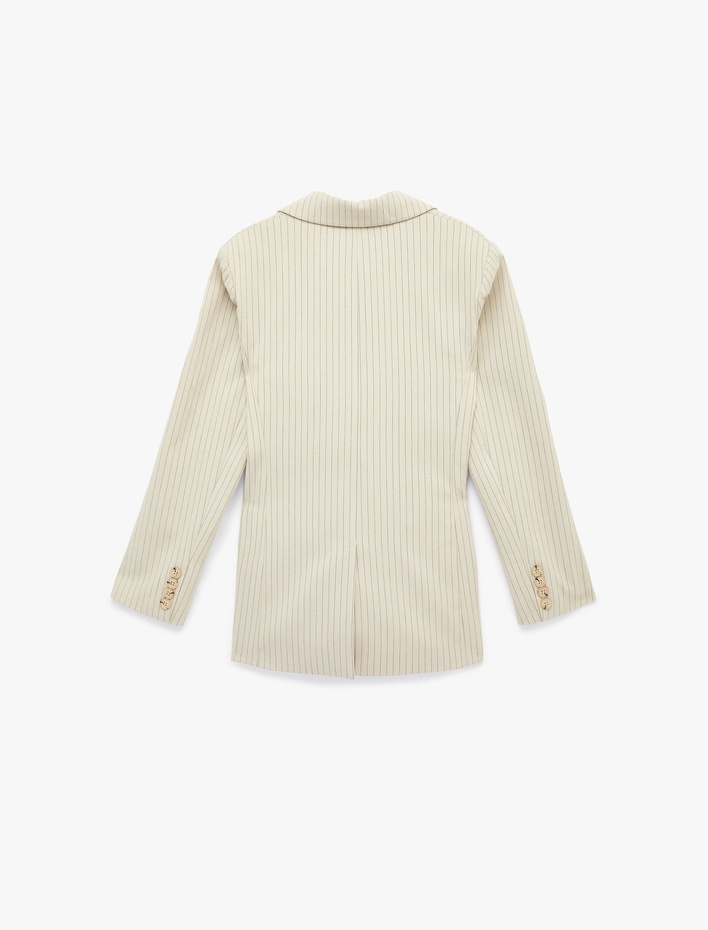  Uzun Kollu Cepli Düğmeli Çizgili Oversize Blazer Ceket