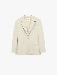 Uzun Kollu Cepli Düğmeli Çizgili Oversize Blazer Ceket