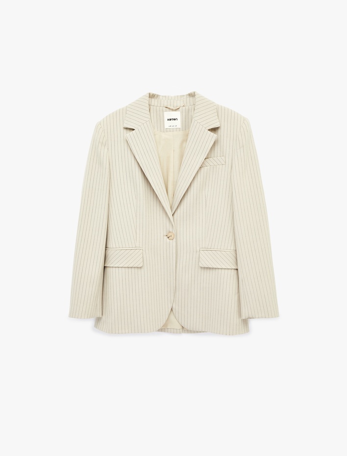  Uzun Kollu Cepli Düğmeli Çizgili Oversize Blazer Ceket