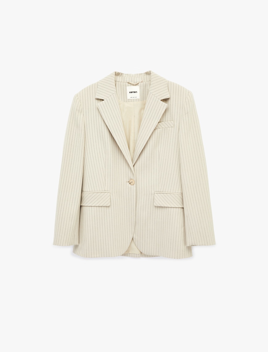 Koton Kadın Uzun Kollu Cepli Düğmeli Çizgili Oversize Blazer Ceket