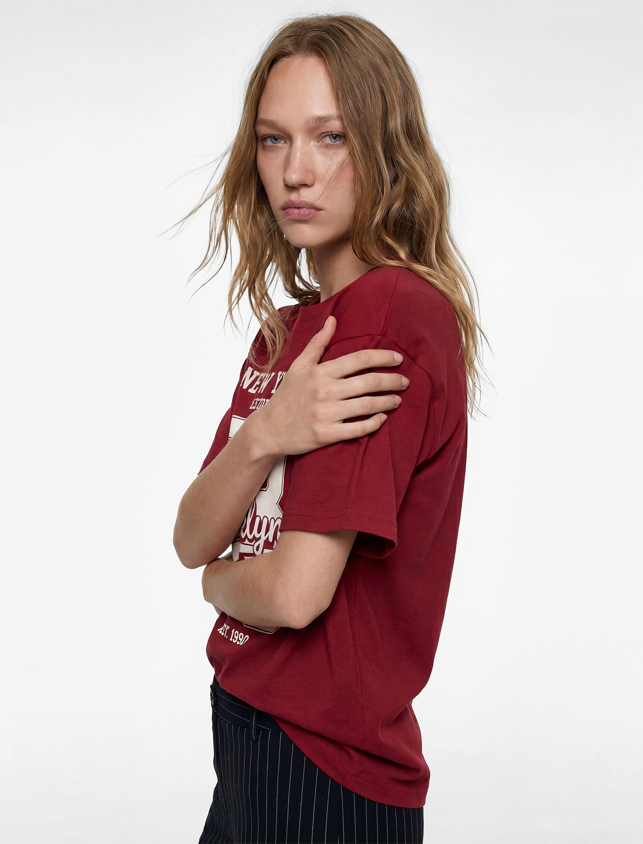   Kısa Kollu Bisiklet Yaka Pamuklu Oversize Kolej Baskılı Tişört