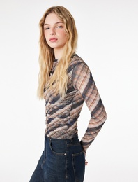 Koton X Sibil Çetinkaya - Slim Fit Uzun Kollu Dik Yaka Ekose Bluz