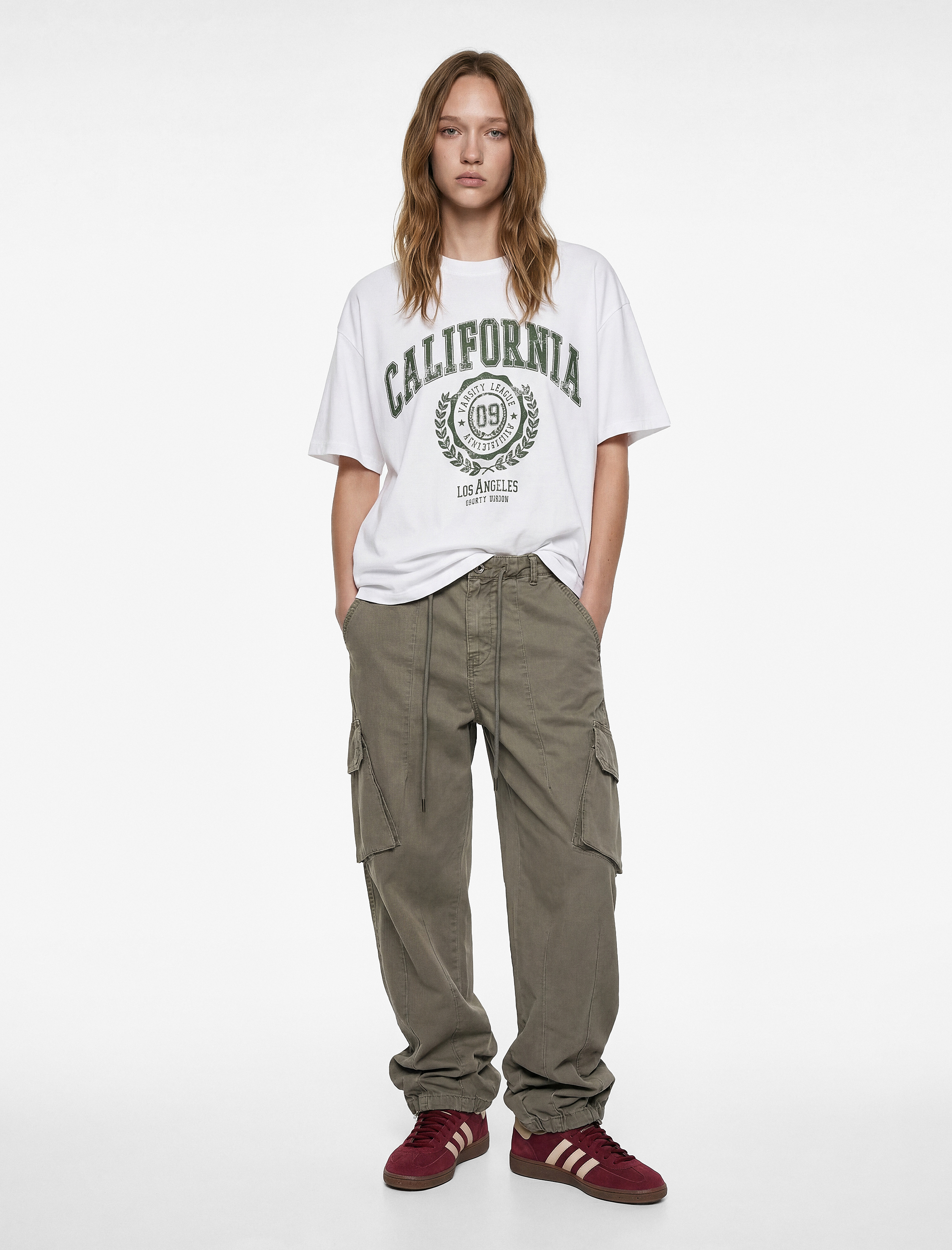   Pamuklu Kısa Kollu Bisiklet Yaka Baskılı Oversize Tişört