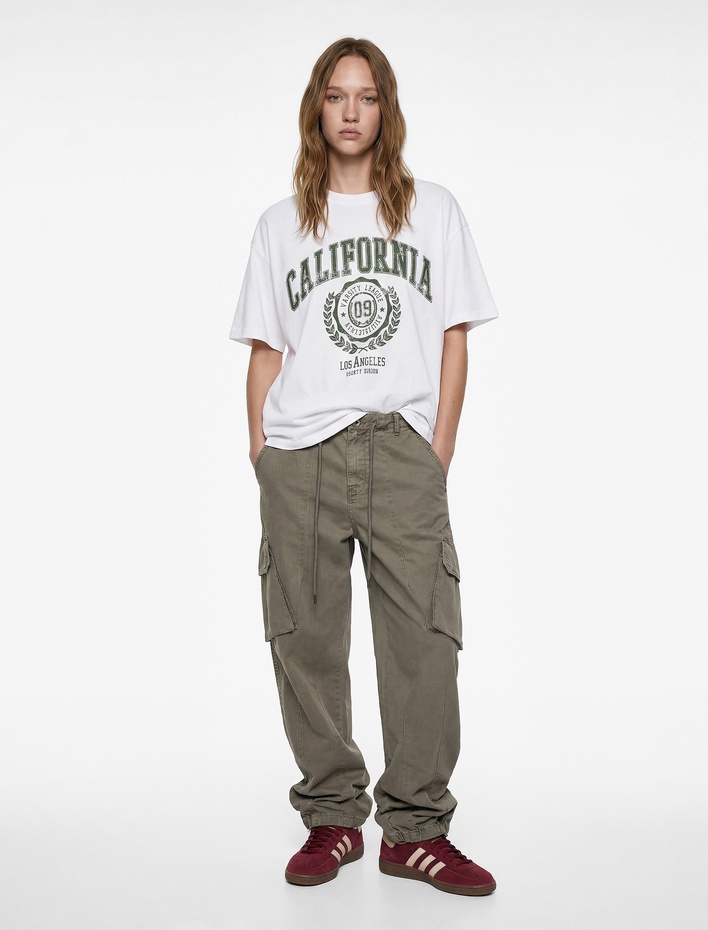  Pamuklu Kısa Kollu Bisiklet Yaka Baskılı Oversize Tişört