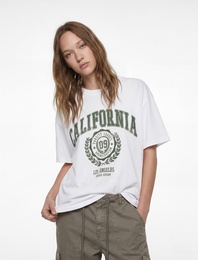 Pamuklu Kısa Kollu Bisiklet Yaka Baskılı Oversize Tişört