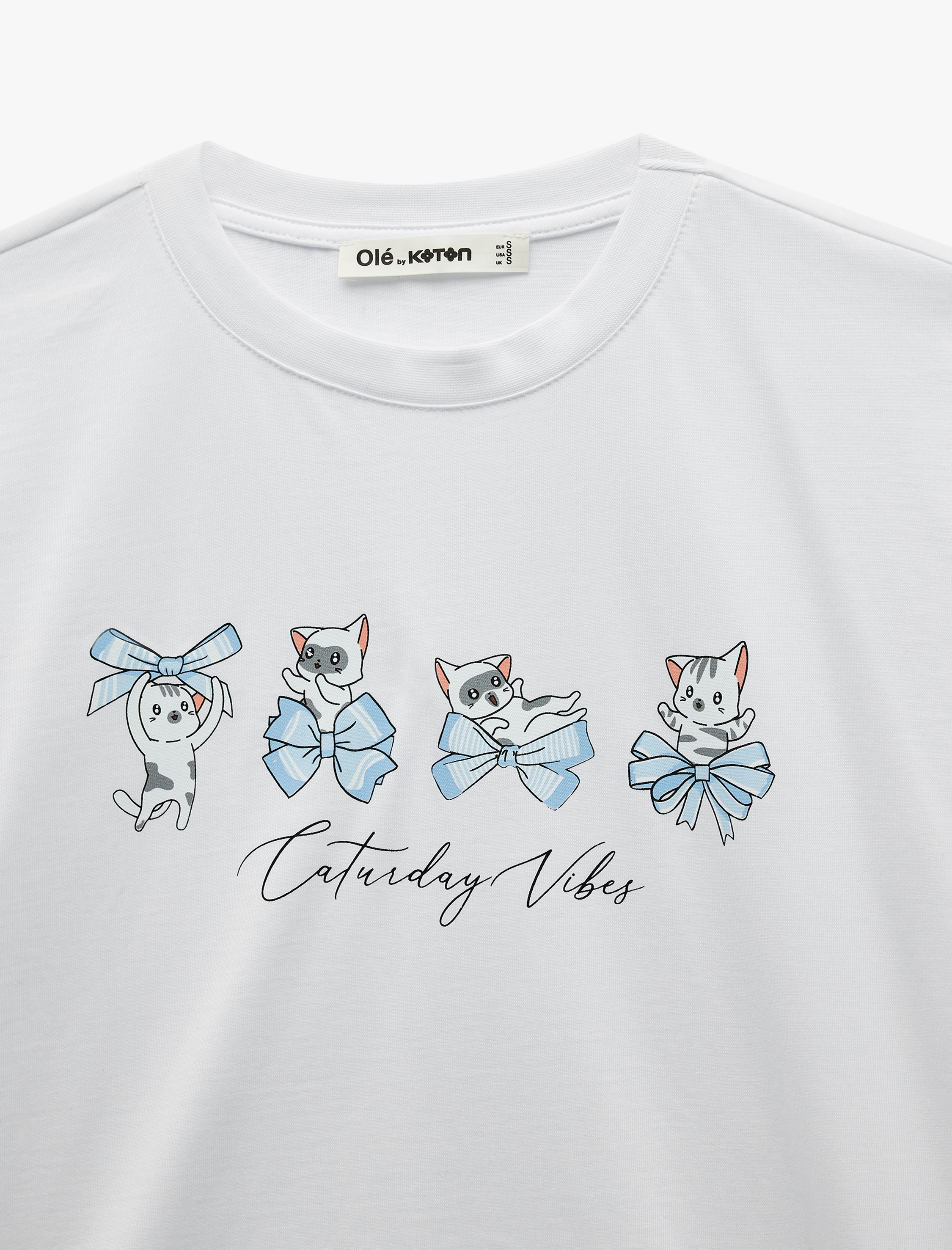   Kısa Kollu Bisiklet Yaka Pamuklu Kedi Baskılı Oversize Tişört
