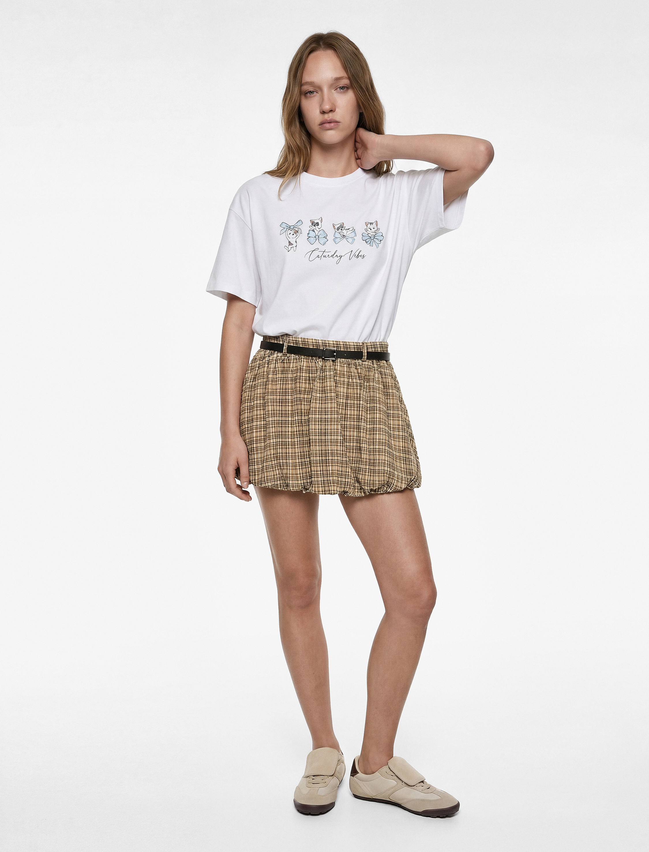   Kısa Kollu Bisiklet Yaka Pamuklu Kedi Baskılı Oversize Tişört