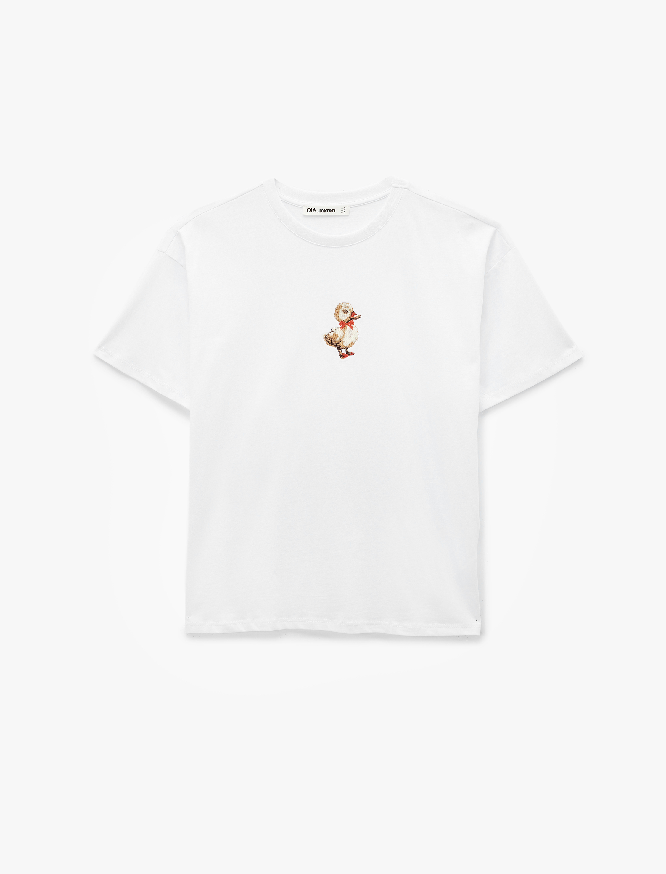   Pamuklu Kısa Kollu Bisiklet Yaka Ördek Nakışlı Oversize Tişört