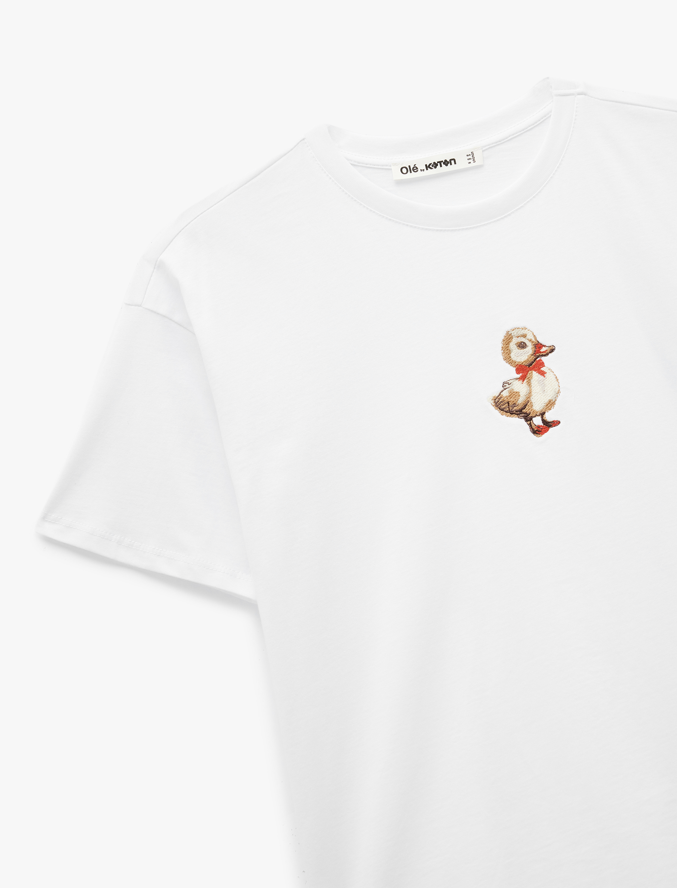   Pamuklu Kısa Kollu Bisiklet Yaka Ördek Nakışlı Oversize Tişört