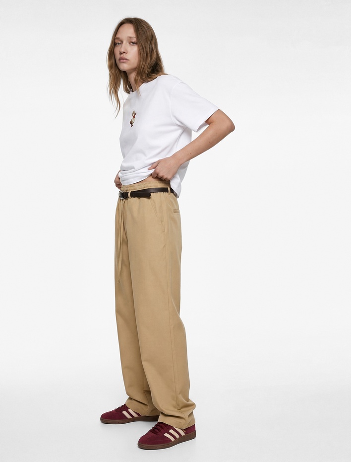  Pamuklu Kısa Kollu Bisiklet Yaka Ördek Nakışlı Oversize Tişört