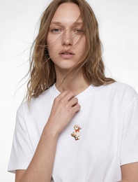 Pamuklu Kısa Kollu Bisiklet Yaka Ördek Nakışlı Oversize Tişört