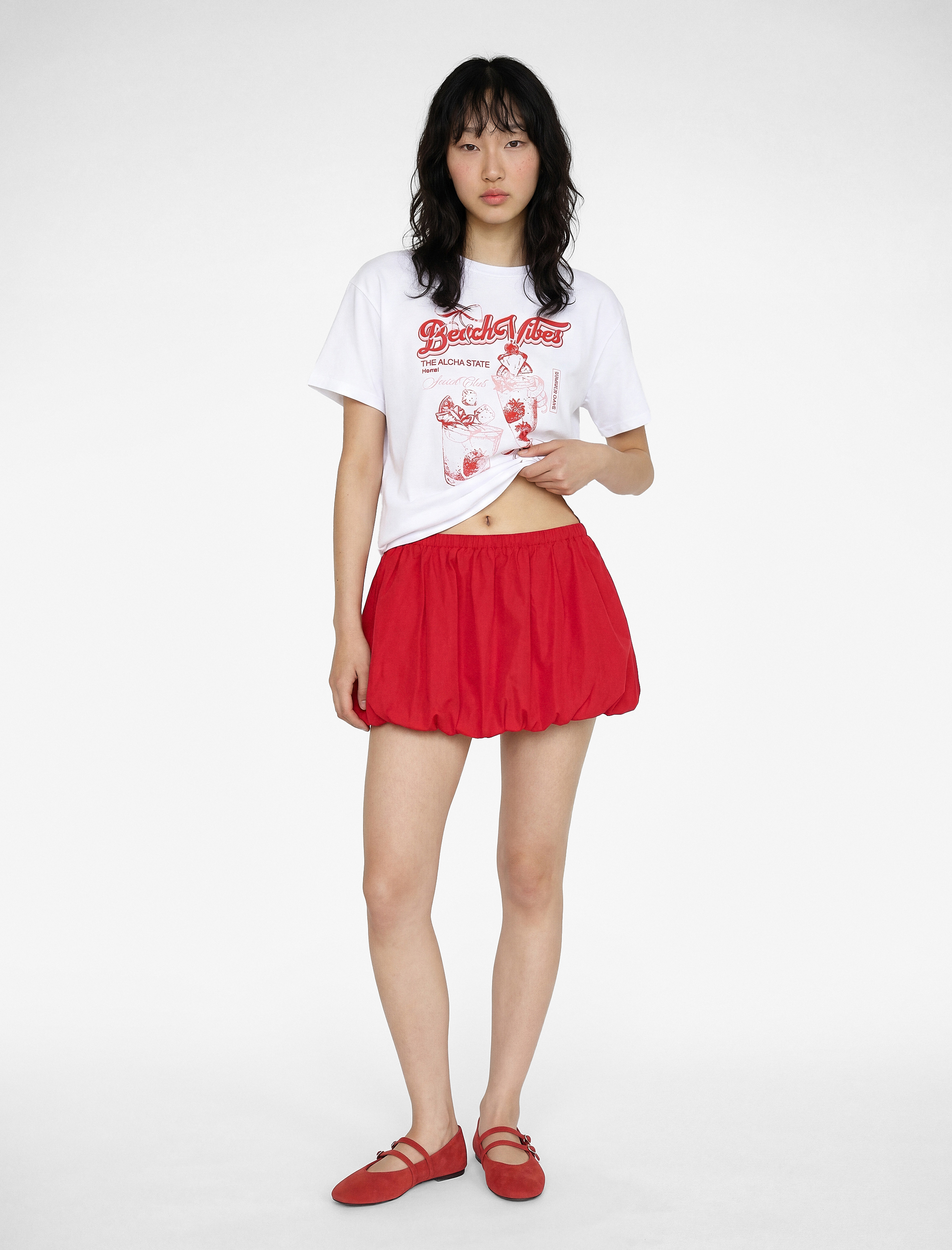   Pamuklu Kısa Kollu Bisiklet Yaka Fiyonk Baskılı Oversize Tişört