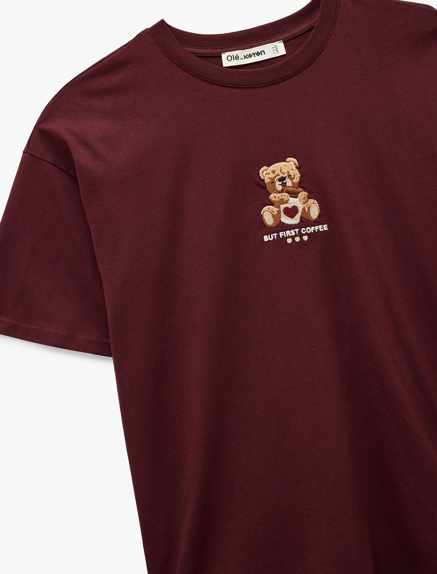 Bordo Ayıcık Nakışlı Kısa Kollu Bisiklet Yaka Pamuklu Oversize