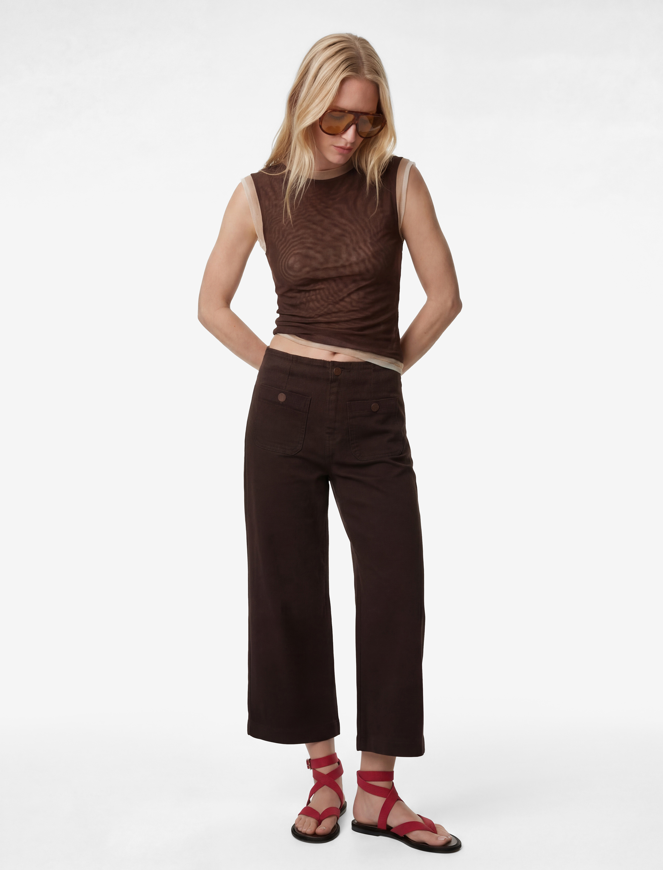   Yüksek Bel Cep Detaylı Düğmeli Geniş Paça Pantolon - Culotte Jeans