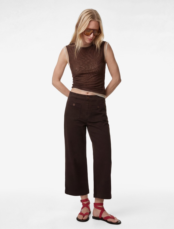  Yüksek Bel Cep Detaylı Düğmeli Geniş Paça Pantolon - Culotte Jeans