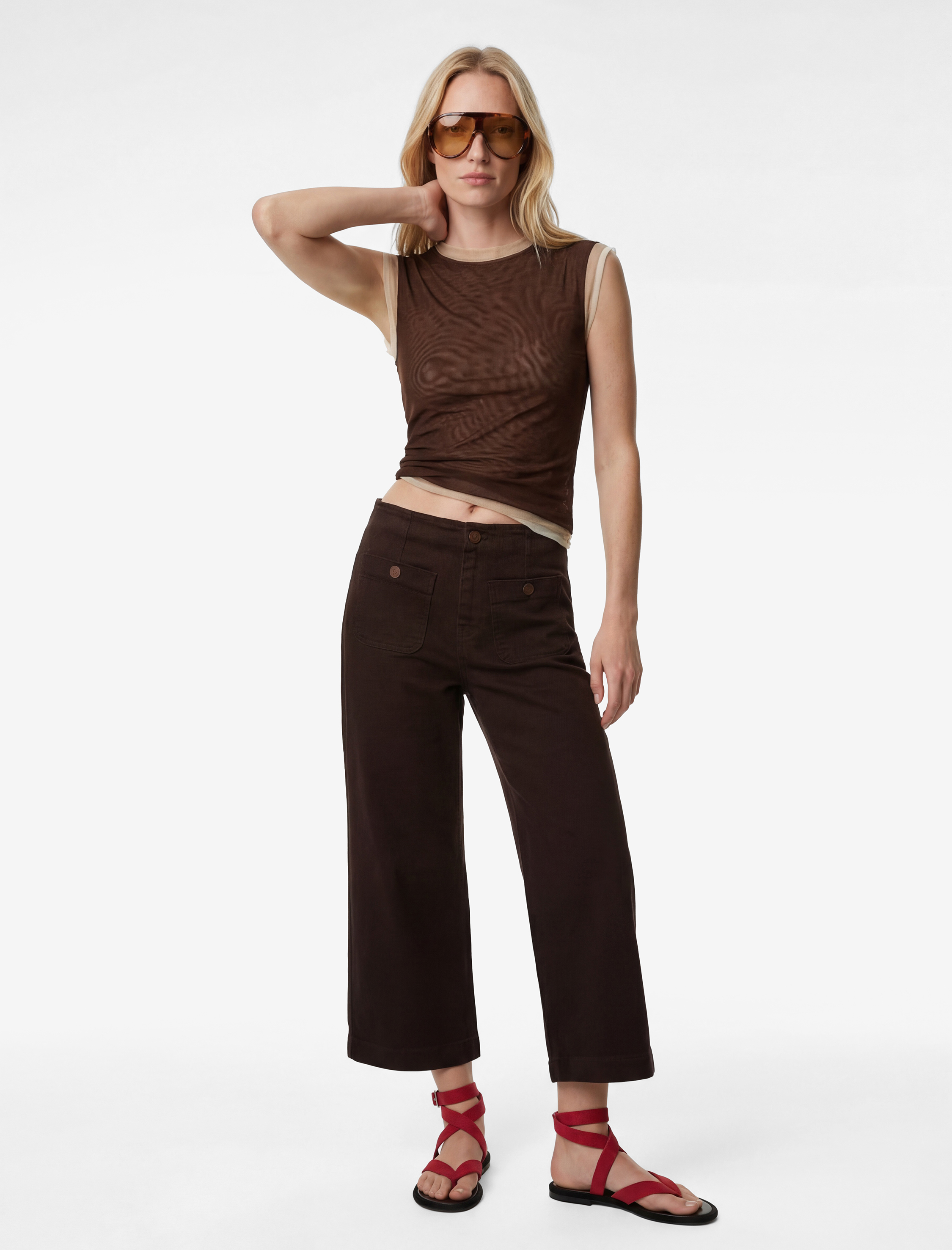   Yüksek Bel Cep Detaylı Düğmeli Geniş Paça Pantolon - Culotte Jeans