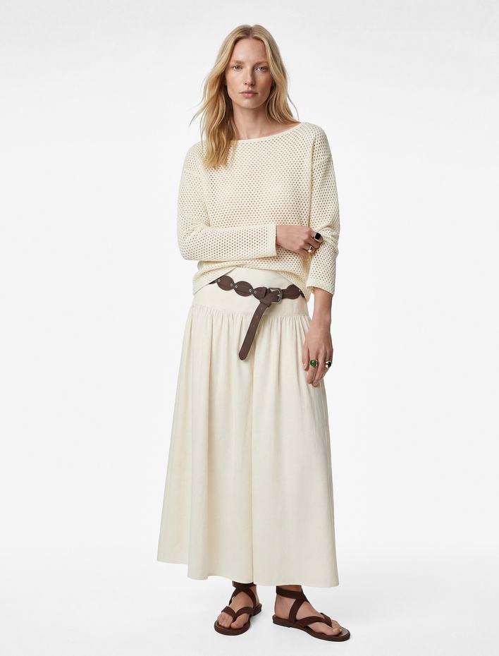  Uzun Kollu Kayık Yaka Omzu Açık File Ajurlu Bluz