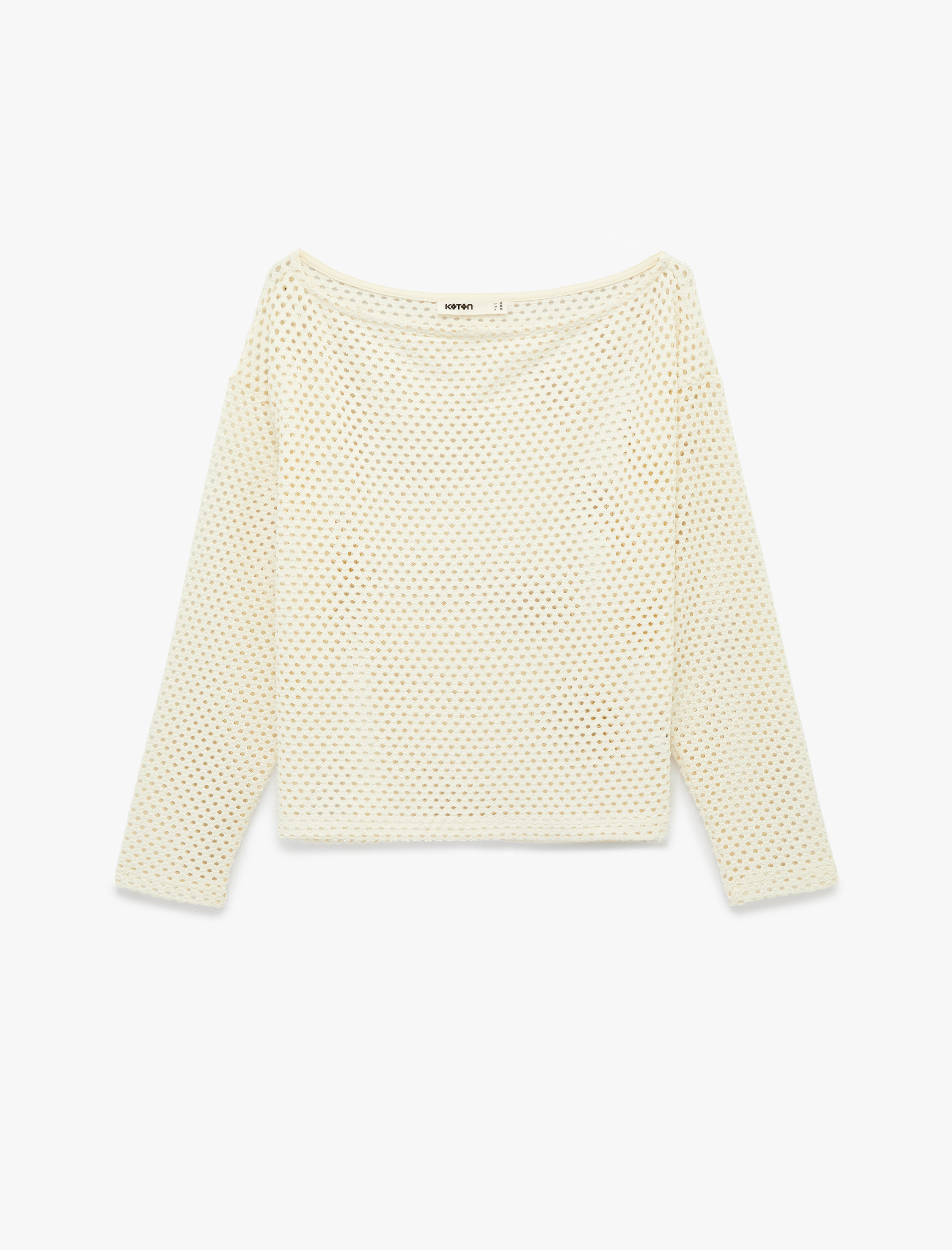   Uzun Kollu Kayık Yaka Omzu Açık File Ajurlu Bluz