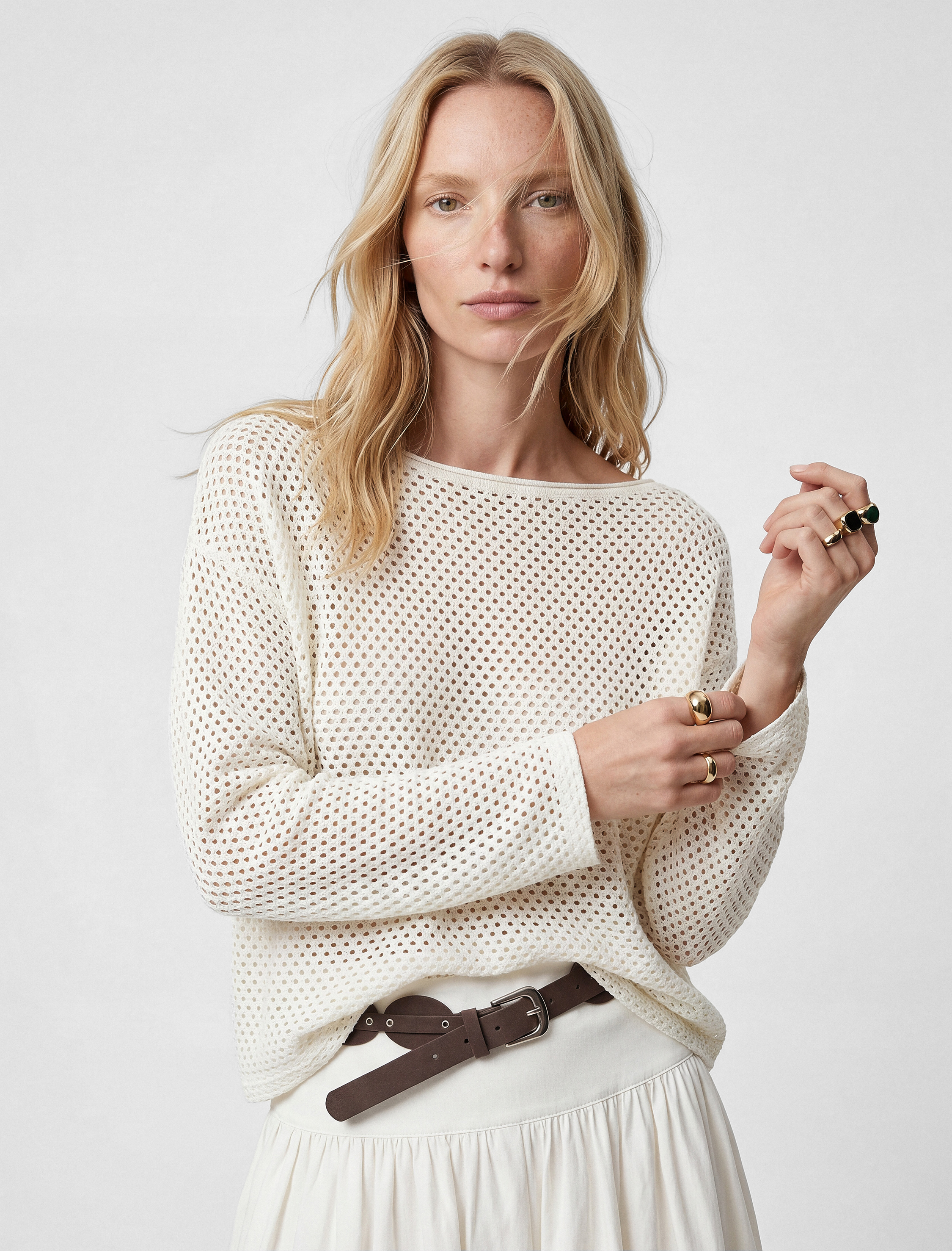   Uzun Kollu Kayık Yaka Omzu Açık File Ajurlu Bluz