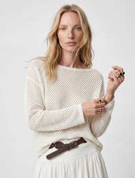 Uzun Kollu Kayık Yaka Omzu Açık File Ajurlu Bluz