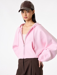 Şardonlu Balon Kol Simli Kanguru Cepli Kapüşonlu Fermuarlı Oversize Sweatshirt