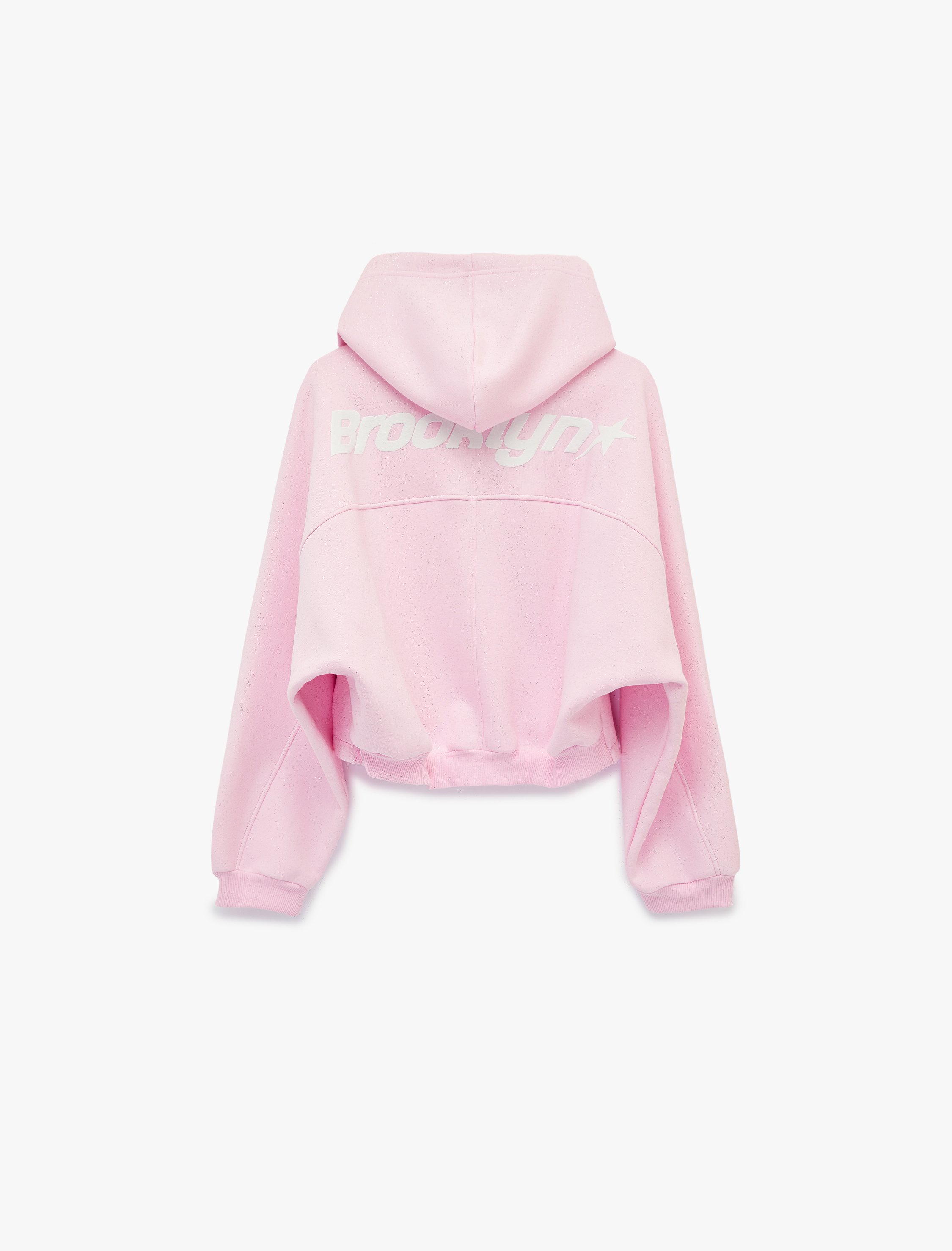   Şardonlu Balon Kol Simli Kanguru Cepli Kapüşonlu Fermuarlı Oversize Sweatshirt