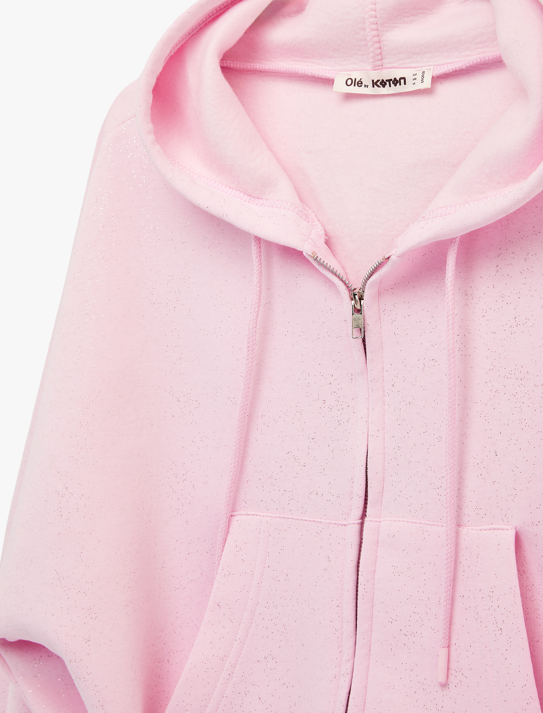   Şardonlu Balon Kol Simli Kanguru Cepli Kapüşonlu Fermuarlı Oversize Sweatshirt