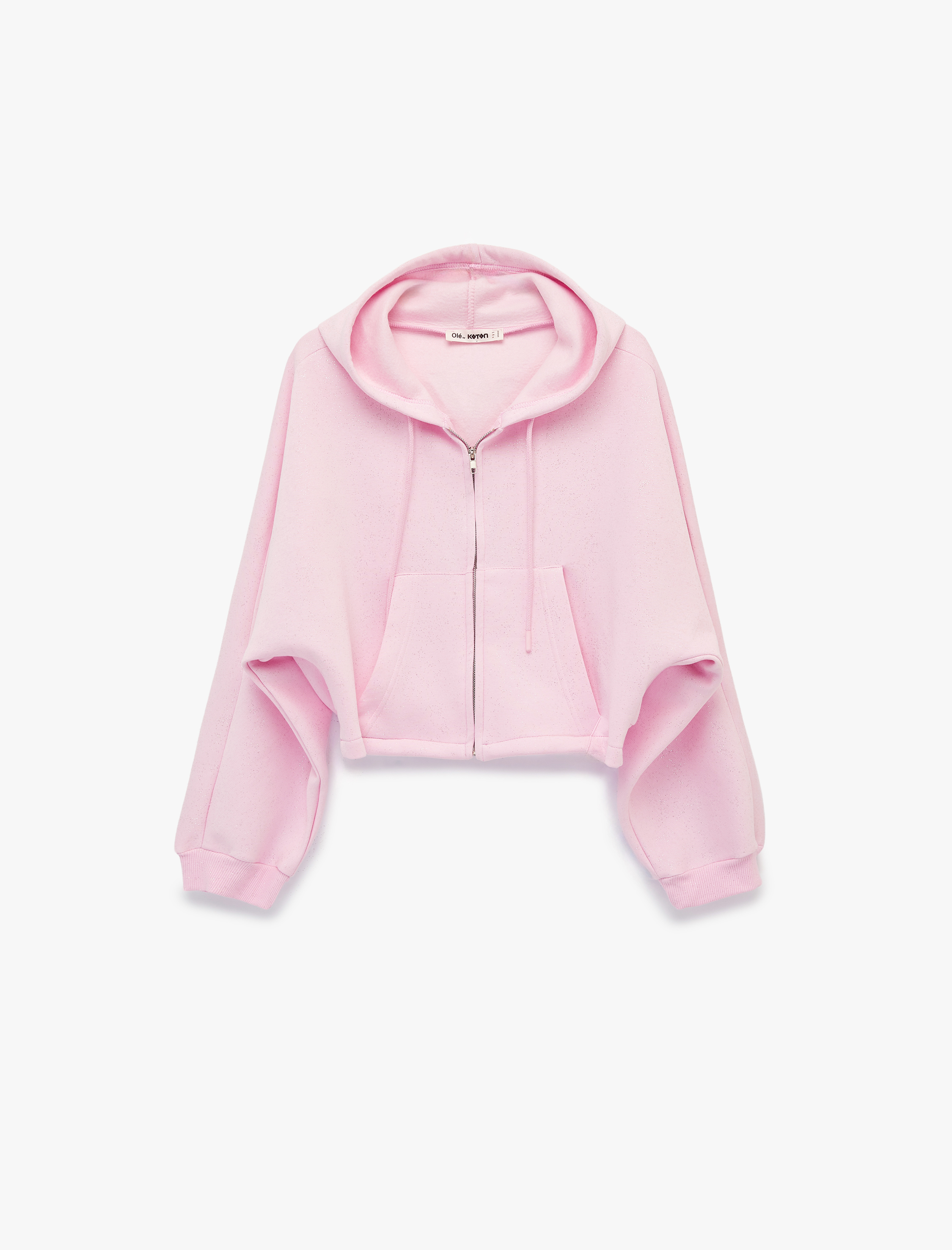   Şardonlu Balon Kol Simli Kanguru Cepli Kapüşonlu Fermuarlı Oversize Sweatshirt